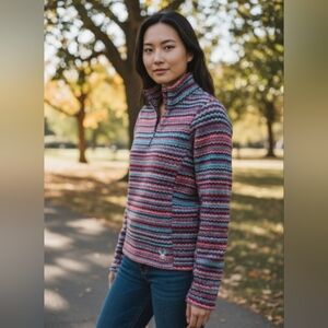 Spyder Pullover DH Sweater Womens 8 Blue Multi Zig Zag Stripe Quarter Zip Fleece